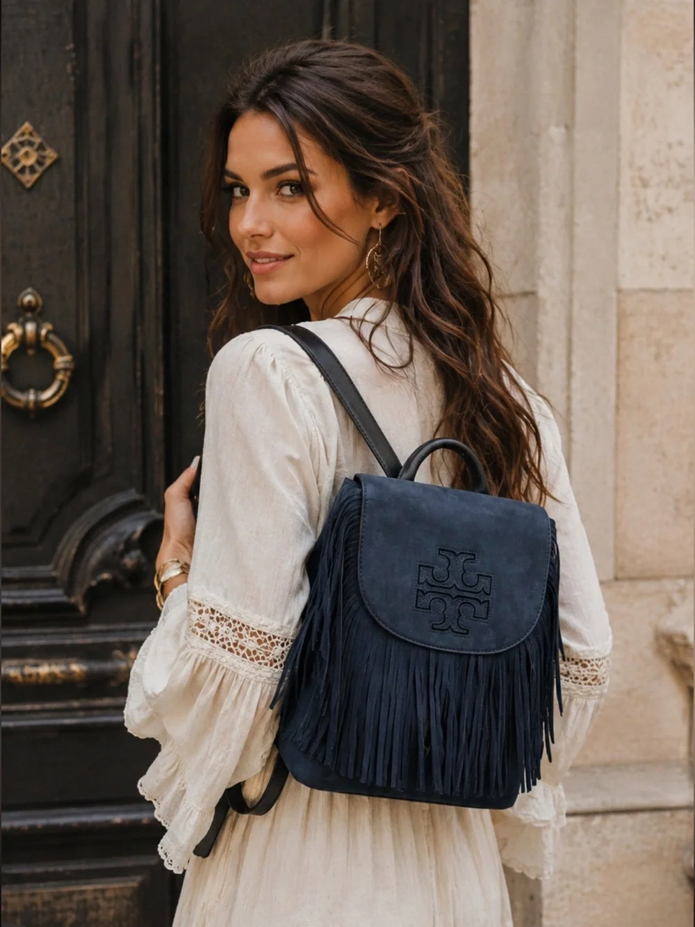 Tory Burch Harper Fringe Suede Backpack in Navy Blue